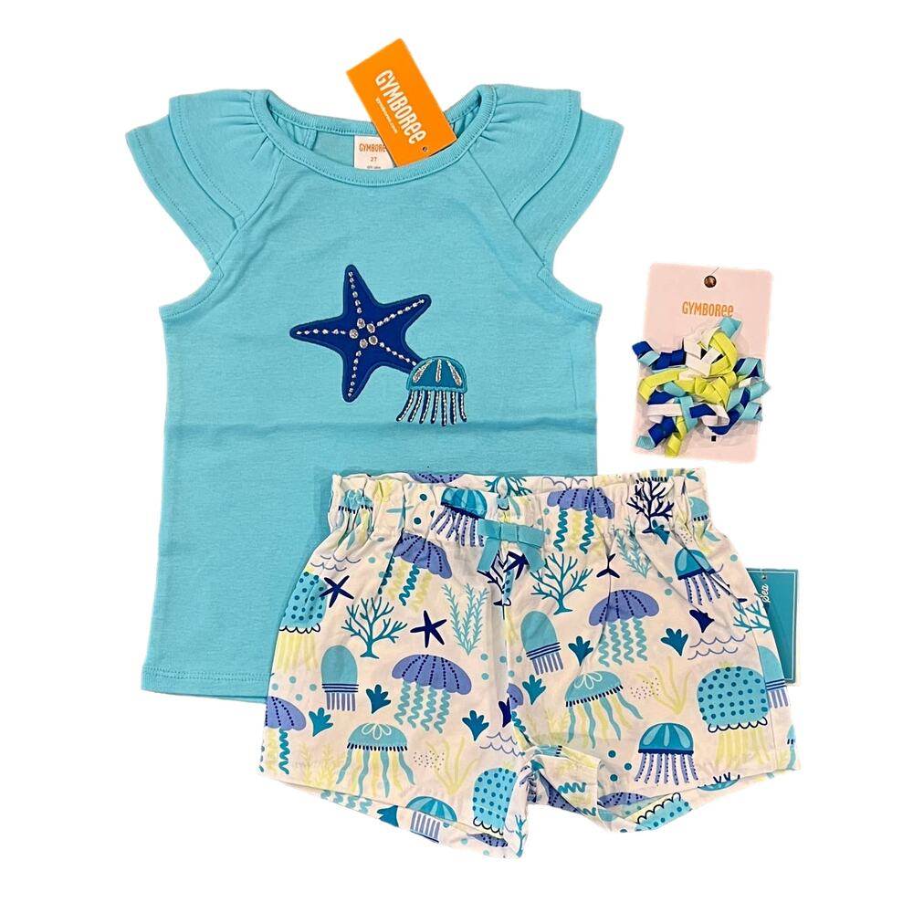 NWT Gymboree Applique Starfish Top, Jellyfish Shorts & Hair Clip - SIZE 12-18M